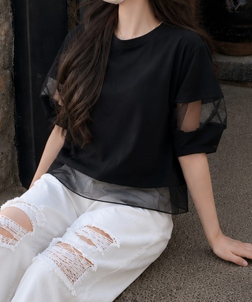 SallyLunn(サリーラン)の「ドッキングデザインシアートップス(Tシャツ/カットソー・レディース・ホワイト/ブラック・MEDIUM/LARGE)」の5枚目の写真
