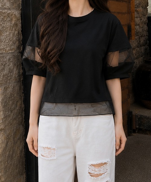SallyLunn(サリーラン)の「ドッキングデザインシアートップス(Tシャツ/カットソー・レディース・ホワイト/ブラック・MEDIUM/LARGE)」の6枚目の写真