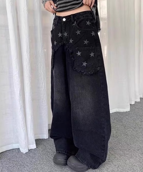 FUNdaysion(ファンデイション)の「スター柄フリンジワイドデニムパンツ/バルーンデニムパンツ(デニムパンツ・レディース・ブルー/ブラック・S/M/L)」の6枚目の写真