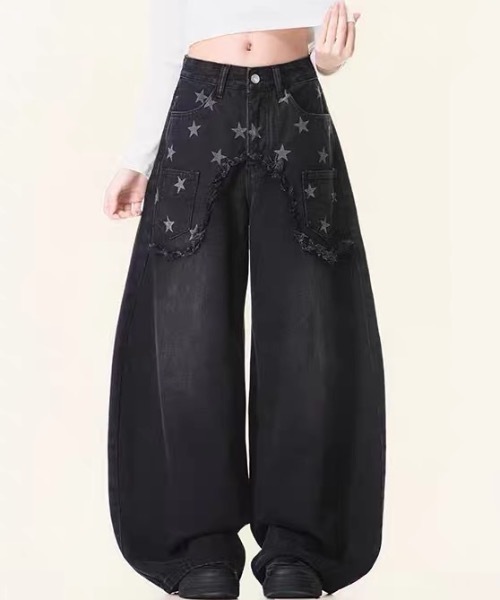 FUNdaysion(ファンデイション)の「スター柄フリンジワイドデニムパンツ/バルーンデニムパンツ(デニムパンツ・レディース・ブルー/ブラック・S/M/L)」の8枚目の写真