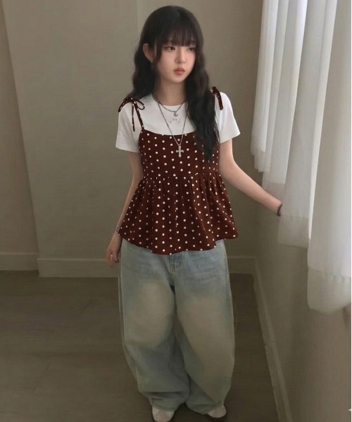 lulufa(ルルファ)の「ドット リボン アウトキャミソール ペプラム ビスチェ(キャミソール・レディース・ブラウン/ホワイト/ブラック・FREE)」の6枚目の写真
