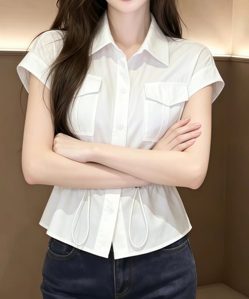 LUCPY(ラクピー)の「ドロストペプラムシャツブラウス(シャツ/ブラウス・レディース・ホワイト・X-LARGE/LARGE/MEDIUM/SMALL)」の2枚目の写真