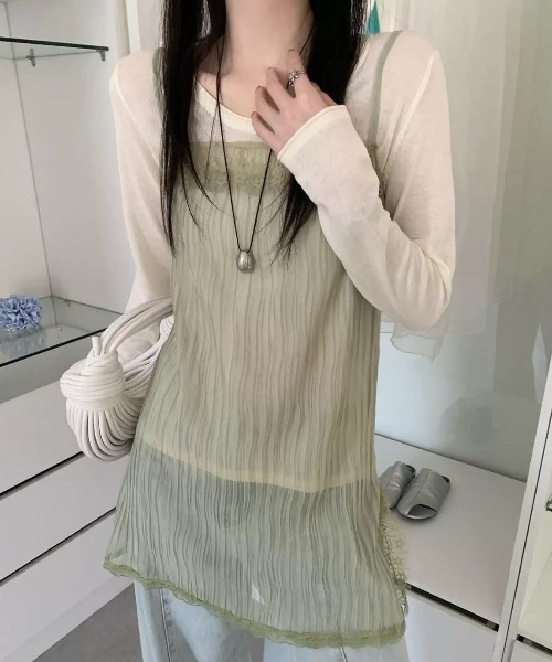 CHUN CHUN NOTES(チュンチュンノーツ)の「26SS/シアープリーツレースキャミワンピース(キャミソール・レディース・グリーン/アイボリー/ブラック/グレー・F)」の5枚目の写真