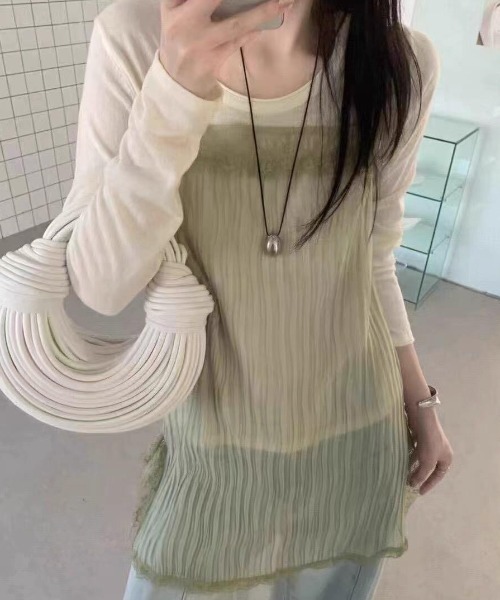 CHUN CHUN NOTES(チュンチュンノーツ)の「26SS/シアープリーツレースキャミワンピース(キャミソール・レディース・グリーン/アイボリー/ブラック/グレー・F)」の9枚目の写真