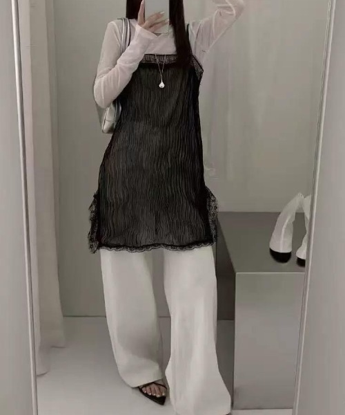 CHUN CHUN NOTES(チュンチュンノーツ)の「26SS/シアープリーツレースキャミワンピース(キャミソール・レディース・グリーン/アイボリー/ブラック/グレー・F)」の13枚目の写真