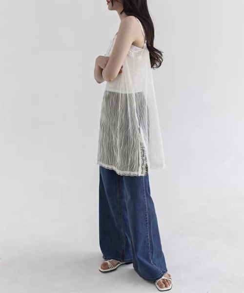 CHUN CHUN NOTES(チュンチュンノーツ)の「26SS/シアープリーツレースキャミワンピース(キャミソール・レディース・グリーン/アイボリー/ブラック/グレー・F)」の19枚目の写真