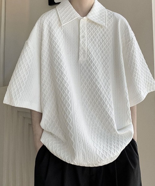 KELVIN(ケルヴァン)の「Cable Knit Polo Tee ケーブルニットポロTシャツ(Tシャツ/カットソー・メンズ・ホワイト/ブラック・MEDIUM/LARGE)」の2枚目の写真