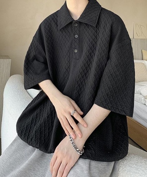 KELVIN(ケルヴァン)の「Cable Knit Polo Tee ケーブルニットポロTシャツ(Tシャツ/カットソー・メンズ・ホワイト/ブラック・MEDIUM/LARGE)」の1枚目の写真