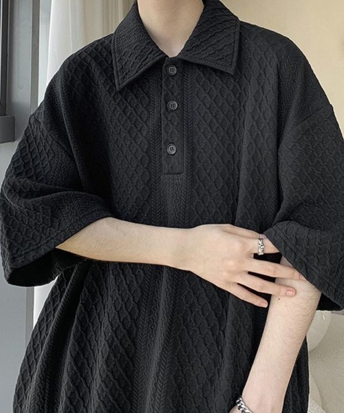 KELVIN(ケルヴァン)の「Cable Knit Polo Tee ケーブルニットポロTシャツ(Tシャツ/カットソー・メンズ・ホワイト/ブラック・MEDIUM/LARGE)」の3枚目の写真