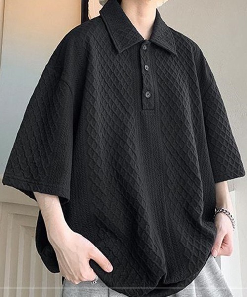 KELVIN(ケルヴァン)の「Cable Knit Polo Tee ケーブルニットポロTシャツ(Tシャツ/カットソー・メンズ・ホワイト/ブラック・MEDIUM/LARGE)」の4枚目の写真