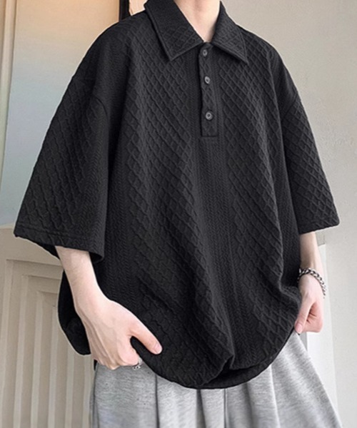 KELVIN(ケルヴァン)の「Cable Knit Polo Tee ケーブルニットポロTシャツ(Tシャツ/カットソー・メンズ・ホワイト/ブラック・MEDIUM/LARGE)」の5枚目の写真