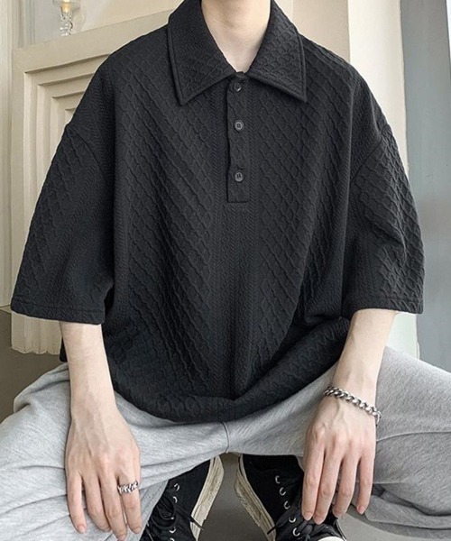 KELVIN(ケルヴァン)の「Cable Knit Polo Tee ケーブルニットポロTシャツ(Tシャツ/カットソー・メンズ・ホワイト/ブラック・MEDIUM/LARGE)」の6枚目の写真