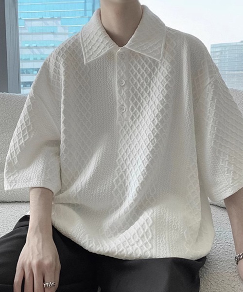 KELVIN(ケルヴァン)の「Cable Knit Polo Tee ケーブルニットポロTシャツ(Tシャツ/カットソー・メンズ・ホワイト/ブラック・MEDIUM/LARGE)」の7枚目の写真