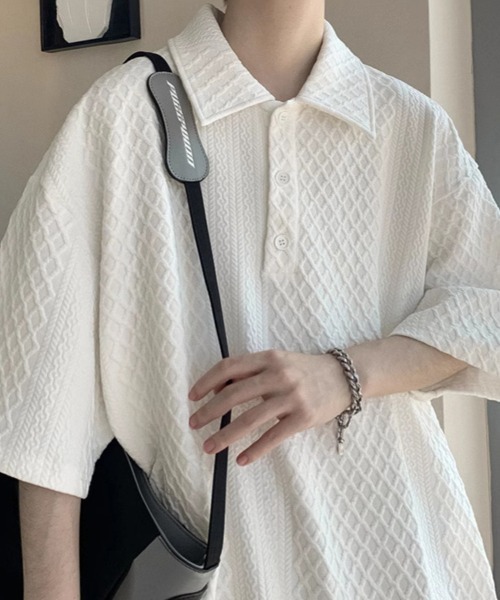 KELVIN(ケルヴァン)の「Cable Knit Polo Tee ケーブルニットポロTシャツ(Tシャツ/カットソー・メンズ・ホワイト/ブラック・MEDIUM/LARGE)」の8枚目の写真