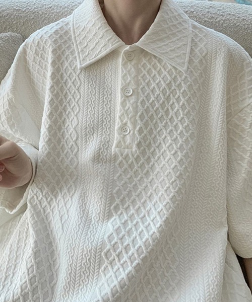 KELVIN(ケルヴァン)の「Cable Knit Polo Tee ケーブルニットポロTシャツ(Tシャツ/カットソー・メンズ・ホワイト/ブラック・MEDIUM/LARGE)」の9枚目の写真