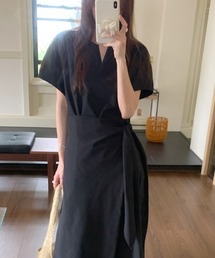 Vネック リボン付き フェイクレイヤード ワンピース