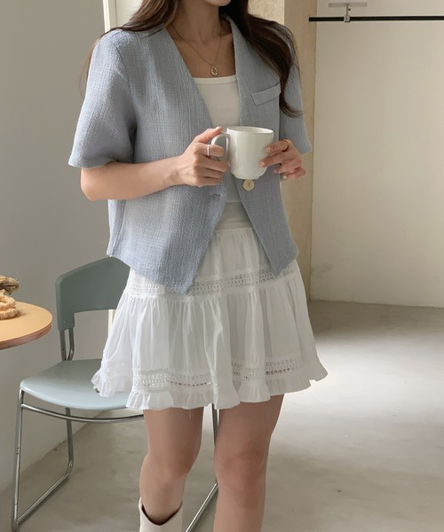 LAFFMO(ラフモ)の「ノーカラーサマーツイード半袖ジャケット(その他アウター・レディース・ブルー/ホワイト・F)」の8枚目の写真