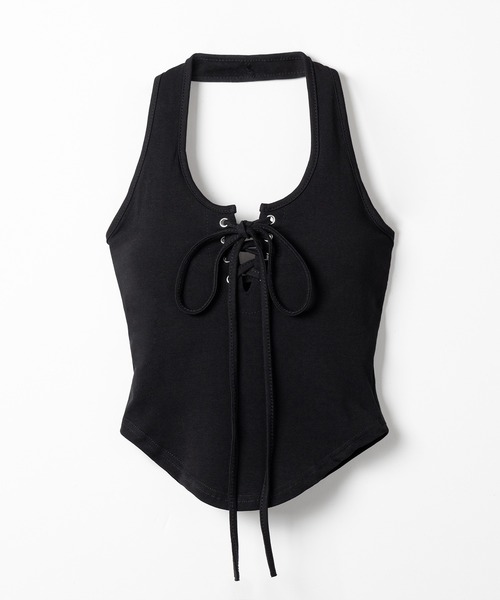 me+em select(ミームセレクト)の「【 クロスにできる2WAY 】レースアップホルターネックタンク / laceup halter neck tank(タンクトップ・レディース・ブラック/グレー/ホワイト・FREE)」の9枚目の写真