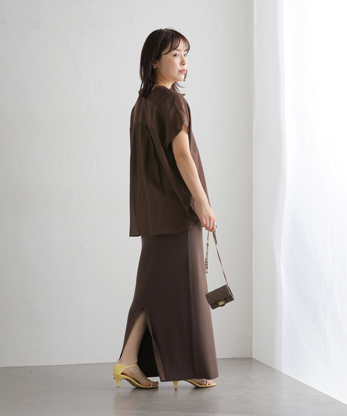 La TOTALITE(ラトータリテ)の「【洗える】Vネックシアーハーフスリーブシャツ(シャツ/ブラウス・レディース・ブラウン/ブルー/イエロー・FREE)」の5枚目の写真