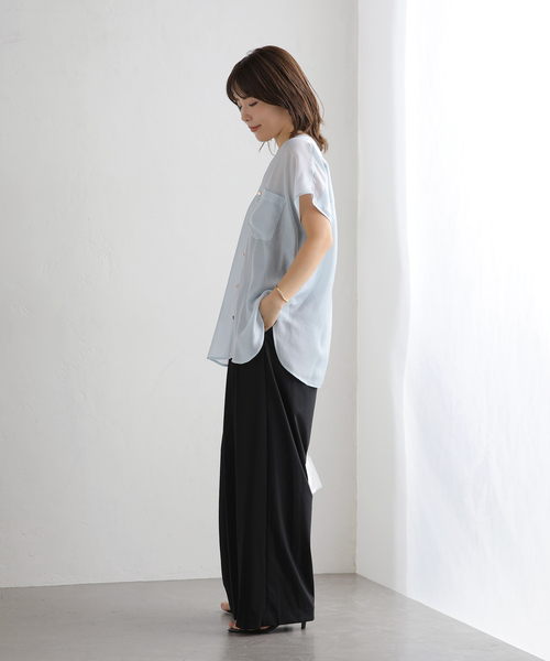 La TOTALITE(ラトータリテ)の「【洗える】Vネックシアーハーフスリーブシャツ(シャツ/ブラウス・レディース・ブラウン/ブルー/イエロー・FREE)」の11枚目の写真