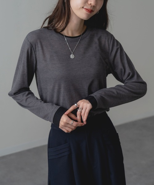 ANNA LUNA（アンナルナ）の「【ANNA LUNA】部分配色 がアクセントの 長袖 プルオーバー（Tシャツ/カットソー・レディース・グレー/ブラウン・MEDIUM）」の2枚目の写真