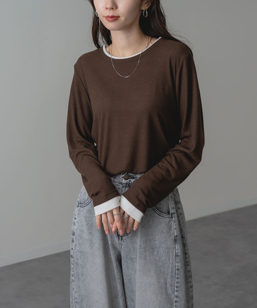 ANNA LUNA（アンナルナ）の「【ANNA LUNA】部分配色 がアクセントの 長袖 プルオーバー（Tシャツ/カットソー・レディース・グレー/ブラウン・MEDIUM）」の7枚目の写真