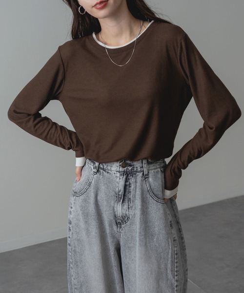 ANNA LUNA（アンナルナ）の「【ANNA LUNA】部分配色 がアクセントの 長袖 プルオーバー（Tシャツ/カットソー・レディース・グレー/ブラウン・MEDIUM）」の6枚目の写真