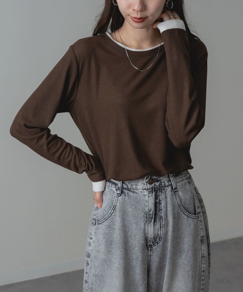 ANNA LUNA（アンナルナ）の「【ANNA LUNA】部分配色 がアクセントの 長袖 プルオーバー（Tシャツ/カットソー・レディース・グレー/ブラウン・MEDIUM）」の21枚目の写真