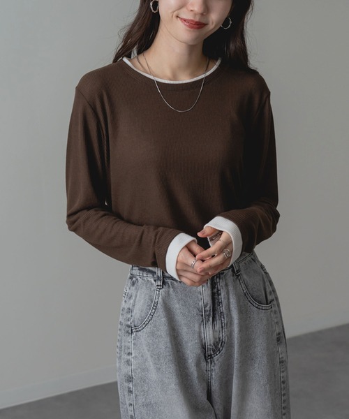 ANNA LUNA（アンナルナ）の「【ANNA LUNA】部分配色 がアクセントの 長袖 プルオーバー（Tシャツ/カットソー・レディース・グレー/ブラウン・MEDIUM）」の5枚目の写真