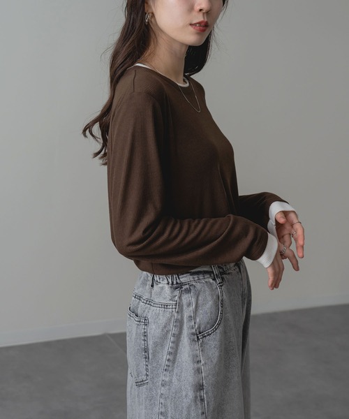 ANNA LUNA（アンナルナ）の「【ANNA LUNA】部分配色 がアクセントの 長袖 プルオーバー（Tシャツ/カットソー・レディース・グレー/ブラウン・MEDIUM）」の8枚目の写真