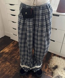 チェック柄 裾フリルレース ワイドパンツ