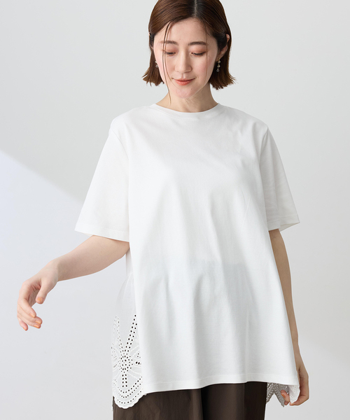 Petit Honfleur(プチオンフルール)の「バックレースドッキングチュニックTシャツ【接触冷感・UVカット・オーガニックコットンブレンド】(Tシャツ/カットソー・レディース・ネイビー/ブラウン/ホワイト・M/L)」の1枚目の写真