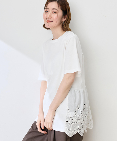 Petit Honfleur(プチオンフルール)の「バックレースドッキングチュニックTシャツ【接触冷感・UVカット・オーガニックコットンブレンド】(Tシャツ/カットソー・レディース・ネイビー/ブラウン/ホワイト・M/L)」の4枚目の写真