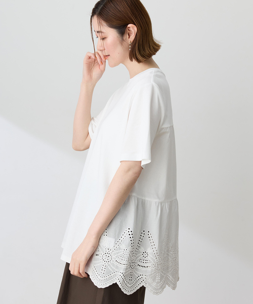Petit Honfleur(プチオンフルール)の「バックレースドッキングチュニックTシャツ【接触冷感・UVカット・オーガニックコットンブレンド】(Tシャツ/カットソー・レディース・ネイビー/ブラウン/ホワイト・M/L)」の5枚目の写真