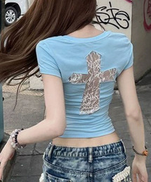 レースクロスデザイン 半袖Tシャツ