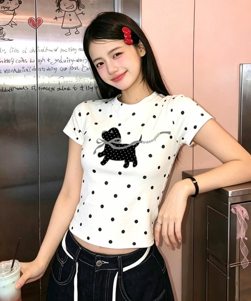 FREE STYLISTS(フリー スタイリスト)の「韓国風 犬ドット柄 半袖Tシャツ(Tシャツ/カットソー・レディース・ホワイト・M)」の3枚目の写真