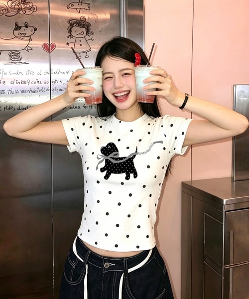 FREE STYLISTS(フリー スタイリスト)の「韓国風 犬ドット柄 半袖Tシャツ(Tシャツ/カットソー・レディース・ホワイト・M)」の4枚目の写真