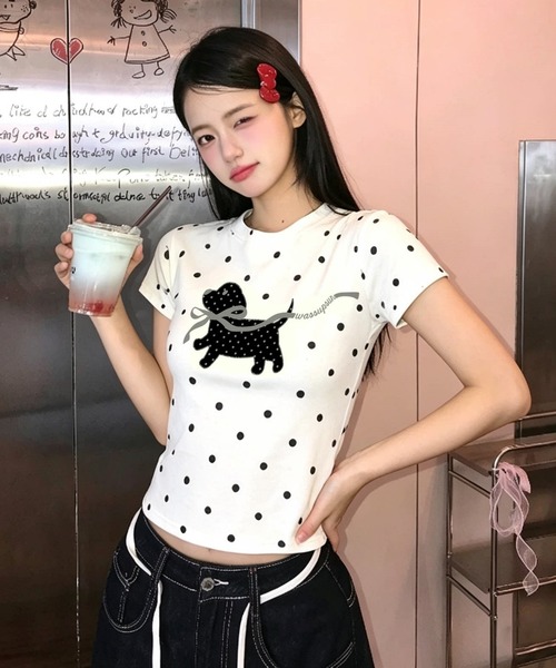 FREE STYLISTS(フリー スタイリスト)の「韓国風 犬ドット柄 半袖Tシャツ(Tシャツ/カットソー・レディース・ホワイト・M)」の5枚目の写真