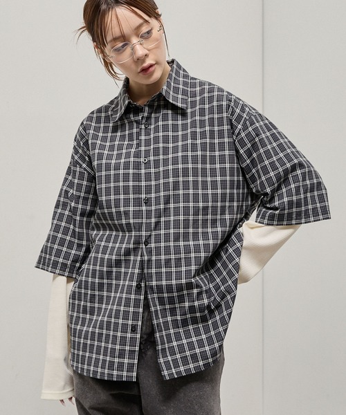 Alfred Alex（アルフレッドアレックス）の「【Alfred Alex】Fake Layered Plaid Shirt / オーバーサイズ ワッフルレイヤード チェックシャツ（シャツ/ブラウス・メンズ・ブラック/ブラック系/ダークブラウン/ダークネイビー・M/L）」の2枚目の写真