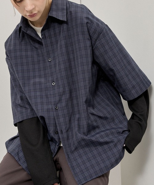 Alfred Alex（アルフレッドアレックス）の「【Alfred Alex】Fake Layered Plaid Shirt / オーバーサイズ ワッフルレイヤード チェックシャツ（シャツ/ブラウス・メンズ・ブラック/ブラック系/ダークブラウン/ダークネイビー・M/L）」の4枚目の写真