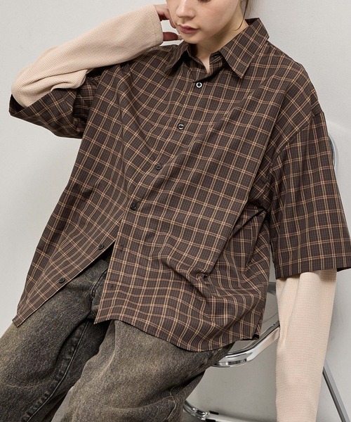 Alfred Alex（アルフレッドアレックス）の「【Alfred Alex】Fake Layered Plaid Shirt / オーバーサイズ ワッフルレイヤード チェックシャツ（シャツ/ブラウス・メンズ・ブラック/ブラック系/ダークブラウン/ダークネイビー・M/L）」の18枚目の写真