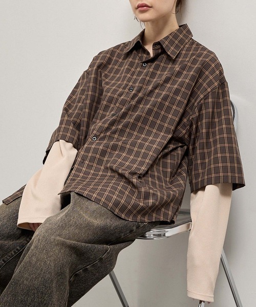 Alfred Alex（アルフレッドアレックス）の「【Alfred Alex】Fake Layered Plaid Shirt / オーバーサイズ ワッフルレイヤード チェックシャツ（シャツ/ブラウス・メンズ・ブラック/ブラック系/ダークブラウン/ダークネイビー・M/L）」の19枚目の写真