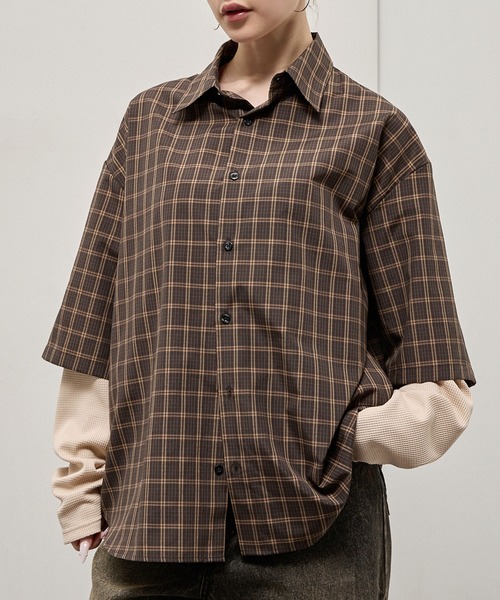 Alfred Alex（アルフレッドアレックス）の「【Alfred Alex】Fake Layered Plaid Shirt / オーバーサイズ ワッフルレイヤード チェックシャツ（シャツ/ブラウス・メンズ・ブラック/ブラック系/ダークブラウン/ダークネイビー・M/L）」の20枚目の写真