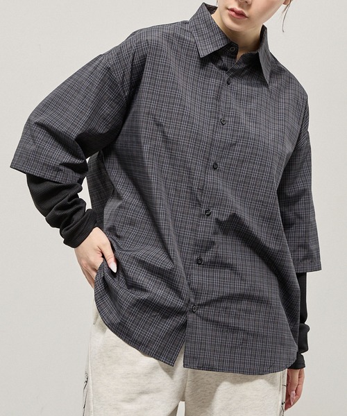 Alfred Alex（アルフレッドアレックス）の「【Alfred Alex】Fake Layered Plaid Shirt / オーバーサイズ ワッフルレイヤード チェックシャツ（シャツ/ブラウス・メンズ・ブラック/ブラック系/ダークブラウン/ダークネイビー・M/L）」の6枚目の写真