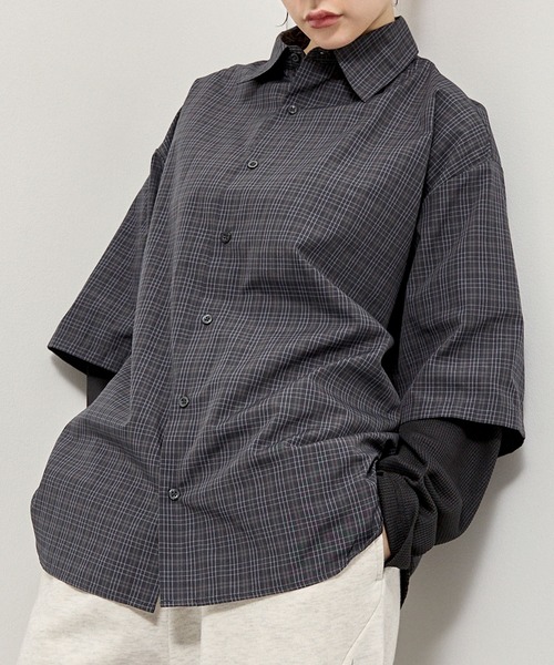 Alfred Alex（アルフレッドアレックス）の「【Alfred Alex】Fake Layered Plaid Shirt / オーバーサイズ ワッフルレイヤード チェックシャツ（シャツ/ブラウス・メンズ・ブラック/ブラック系/ダークブラウン/ダークネイビー・M/L）」の7枚目の写真