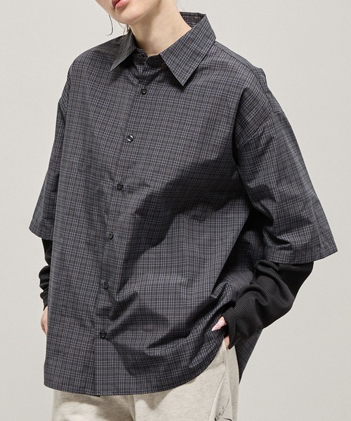 Alfred Alex（アルフレッドアレックス）の「【Alfred Alex】Fake Layered Plaid Shirt / オーバーサイズ ワッフルレイヤード チェックシャツ（シャツ/ブラウス・メンズ・ブラック/ブラック系/ダークブラウン/ダークネイビー・M/L）」の8枚目の写真