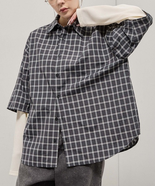 Alfred Alex（アルフレッドアレックス）の「【Alfred Alex】Fake Layered Plaid Shirt / オーバーサイズ ワッフルレイヤード チェックシャツ（シャツ/ブラウス・メンズ・ブラック/ブラック系/ダークブラウン/ダークネイビー・M/L）」の12枚目の写真