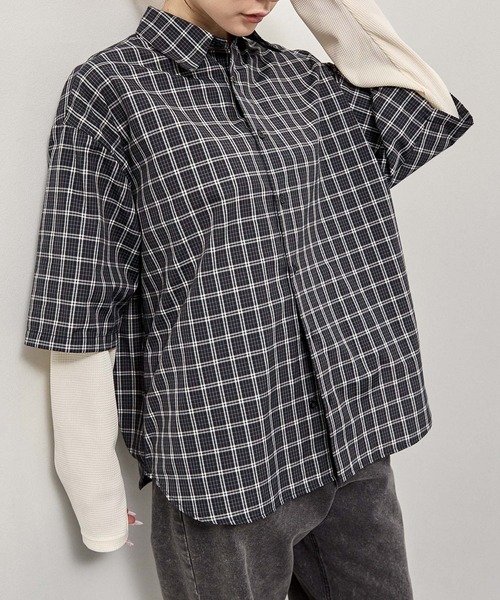 Alfred Alex（アルフレッドアレックス）の「【Alfred Alex】Fake Layered Plaid Shirt / オーバーサイズ ワッフルレイヤード チェックシャツ（シャツ/ブラウス・メンズ・ブラック/ブラック系/ダークブラウン/ダークネイビー・M/L）」の13枚目の写真