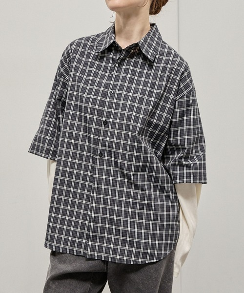 Alfred Alex（アルフレッドアレックス）の「【Alfred Alex】Fake Layered Plaid Shirt / オーバーサイズ ワッフルレイヤード チェックシャツ（シャツ/ブラウス・メンズ・ブラック/ブラック系/ダークブラウン/ダークネイビー・M/L）」の14枚目の写真