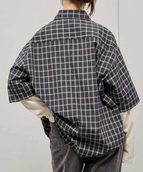 Alfred Alex（アルフレッドアレックス）の「【Alfred Alex】Fake Layered Plaid Shirt / オーバーサイズ ワッフルレイヤード チェックシャツ（シャツ/ブラウス・メンズ・ブラック/ブラック系/ダークブラウン/ダークネイビー・M/L）」の15枚目の写真
